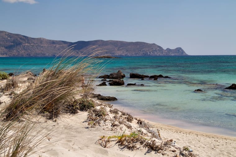 Dune grass on pale sand above the turquoise shallows at Elafonisi, a low headland beyond